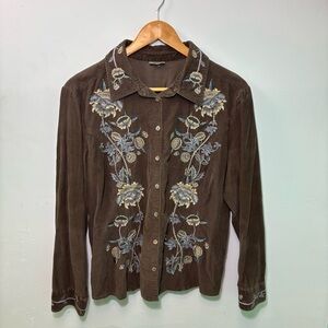 J.Jill Brown Floral Embroidered Button-Up Shirt